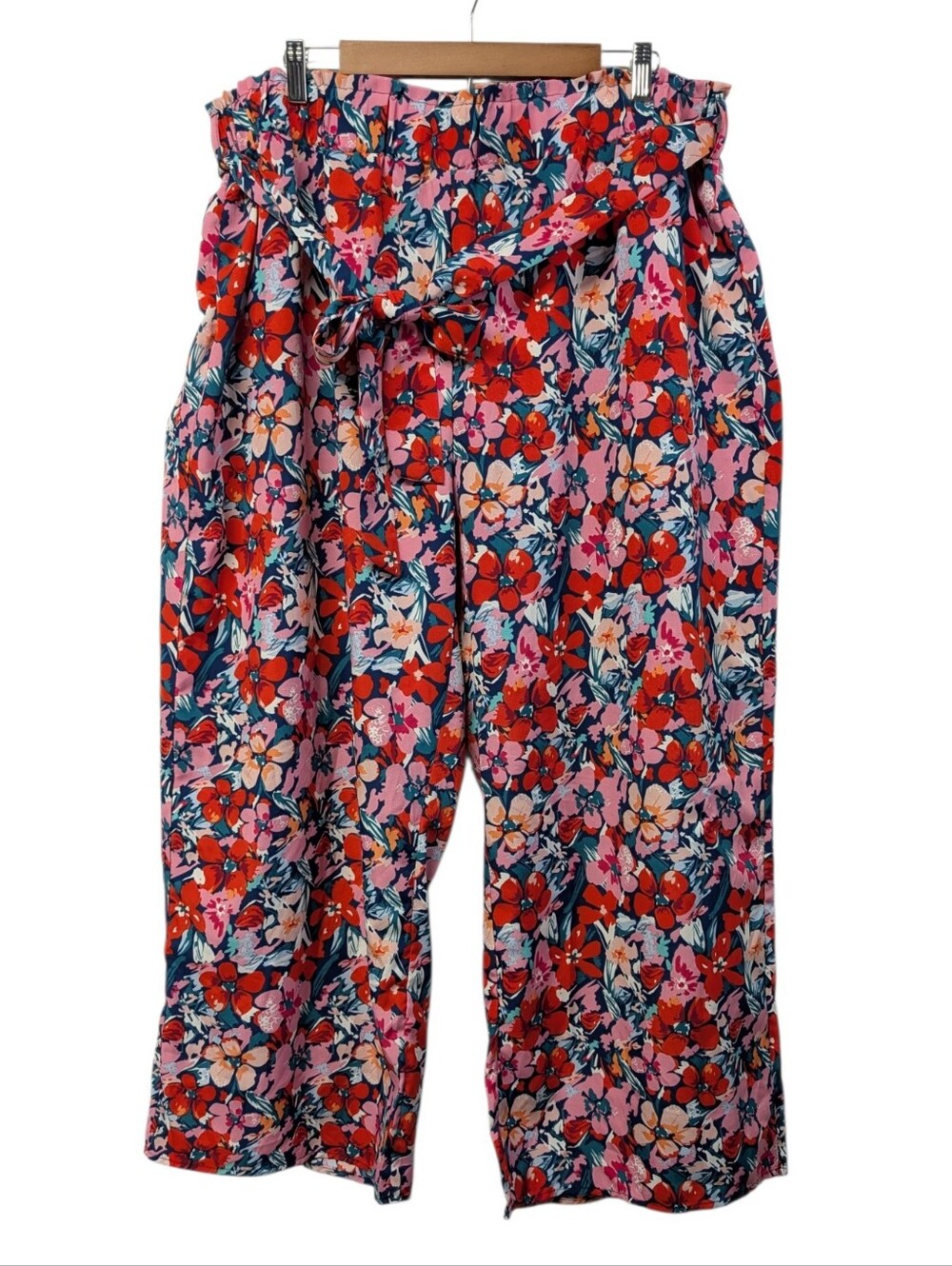 Women's Multicolor Floral Wide Leg Casual Pants Plus Size 4XL Tie Front Flowy